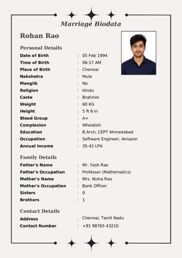 Marriage biodata template 1 — sample