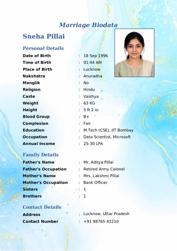 Marriage biodata template 11 — sample