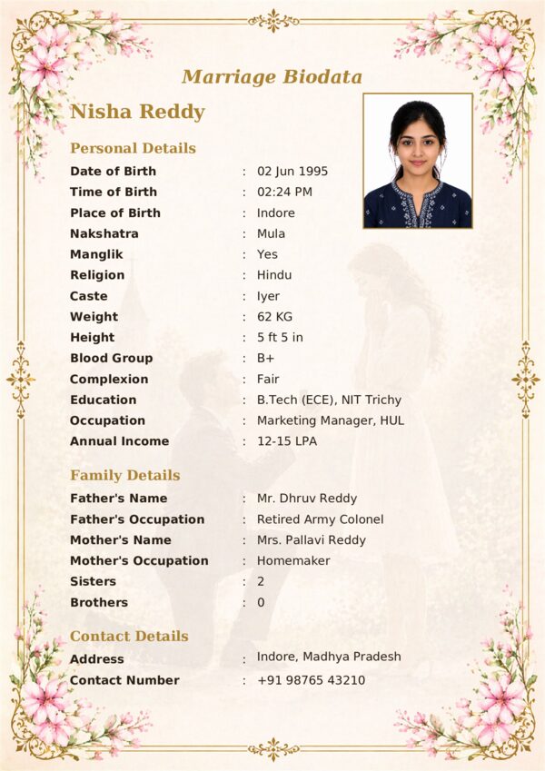 Blossom Grace — minimalist marriage biodata template sample