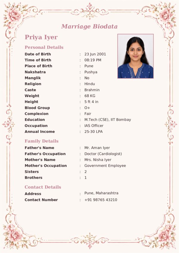 Marriage biodata template 30 — sample