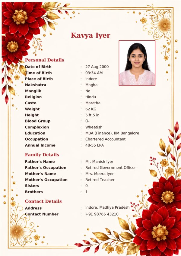 Red Dahlias — modern bold marriage biodata template sample