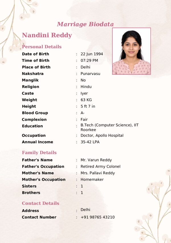 Marriage biodata template 5 — sample