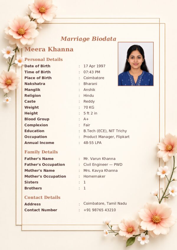 Cream peach blossoms — elegant marriage biodata template sample