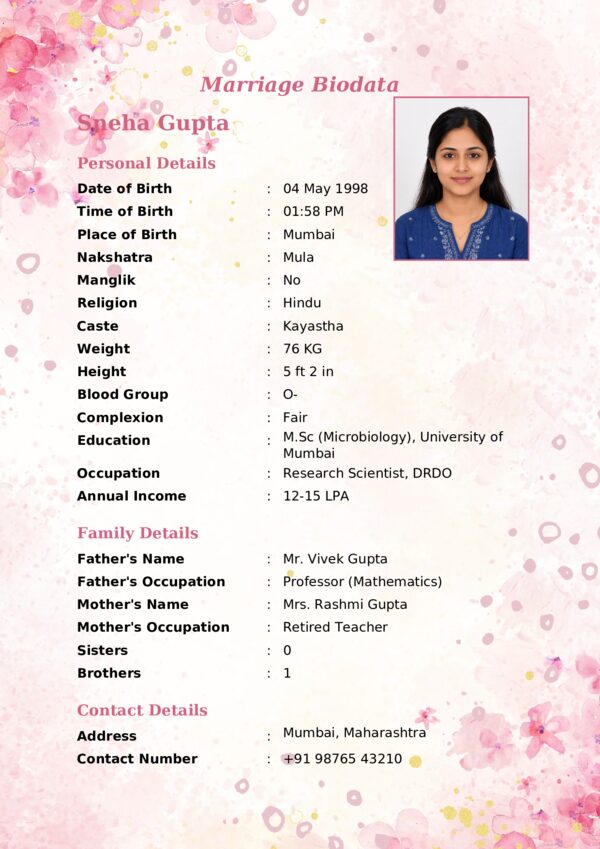 Marriage biodata template 7 — sample