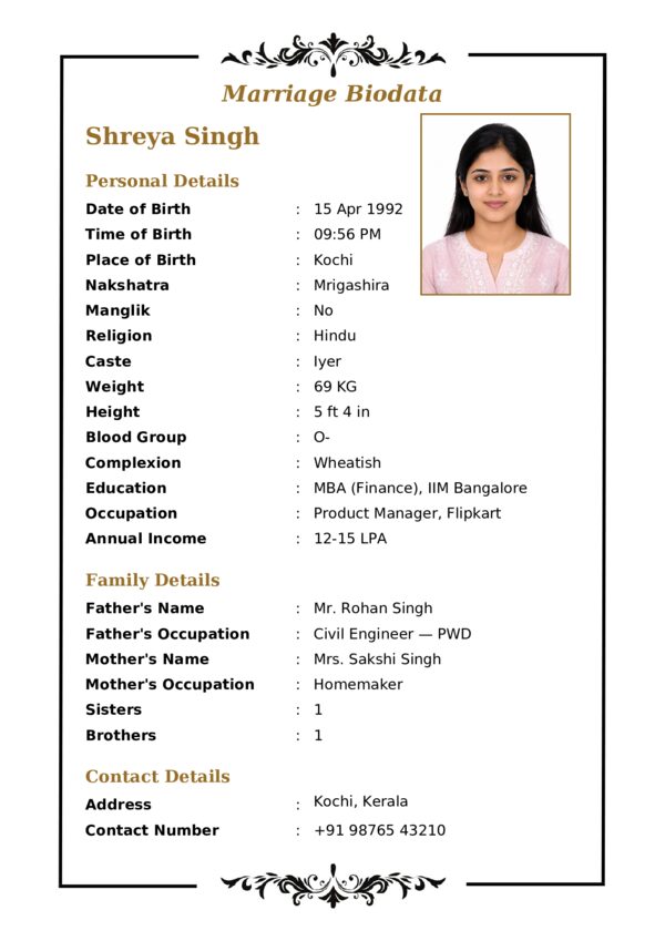 Marriage biodata template 8 — sample
