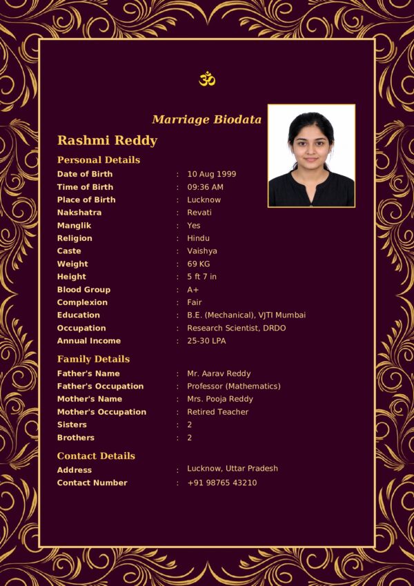 Marriage biodata template 9 — sample